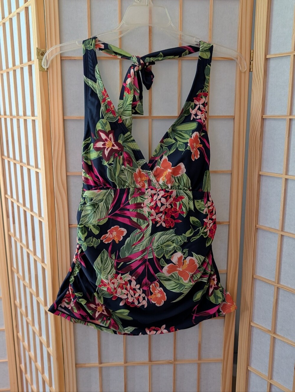 Kona Sol Navy Tropical Halter Tankini Top Large